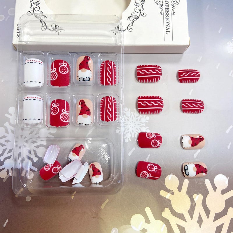 Vopintpy Christmas Gnome Press on Nails Short Square Fake Nails Matte Winter Xmas Glue on Nails Reusable Full Cover Stick on Nails for Women DIY New Year Manicure - Image 3